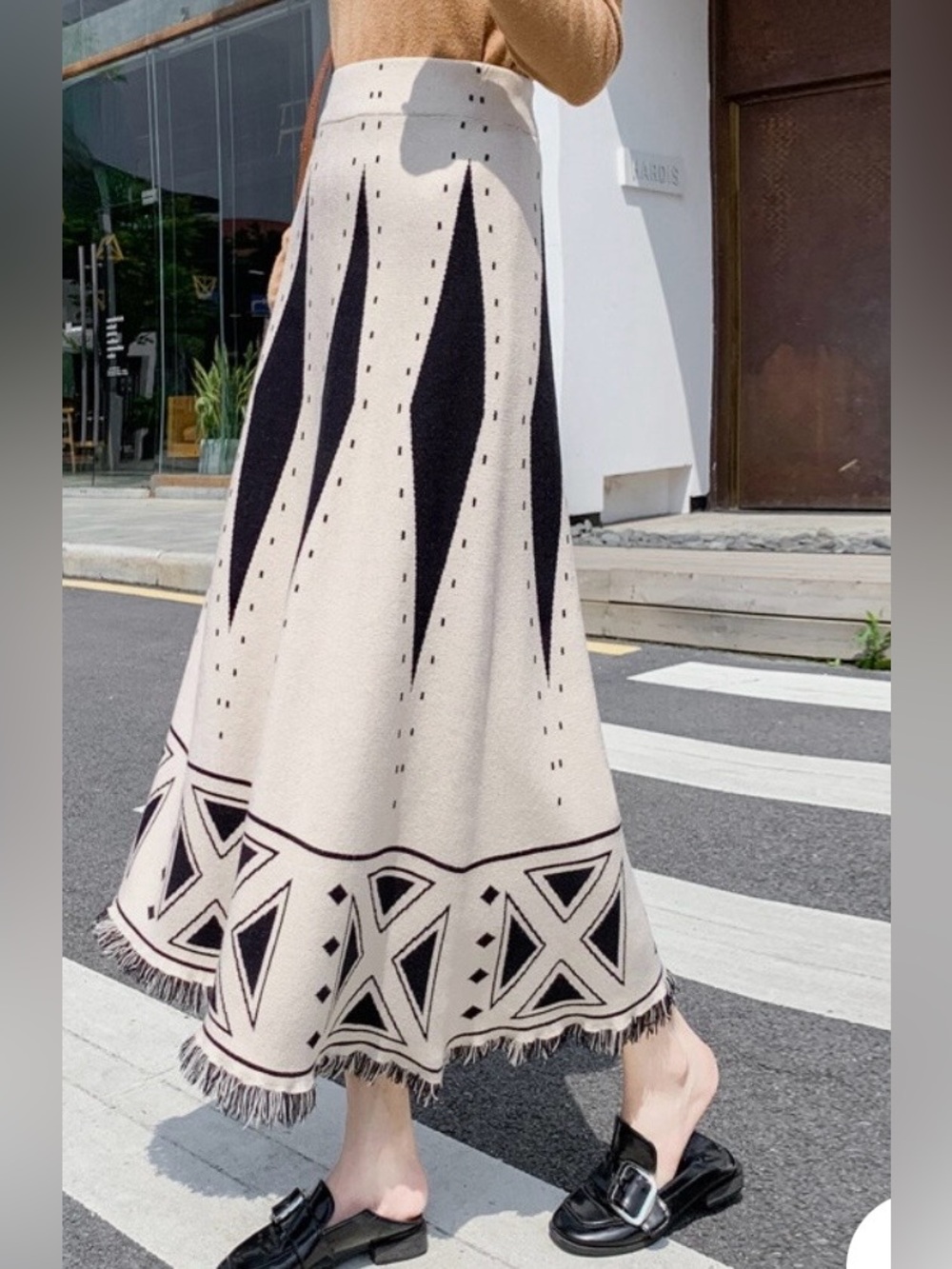Fringed Knit Cream & Black Geometric Maxi Skirt, Size XS